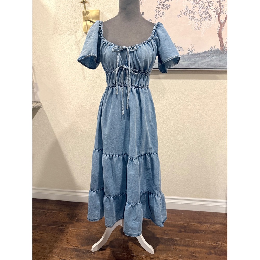 Blush Denim Tiered cotton Midi Dress Light Wash Smocked Puff Sleeve Small